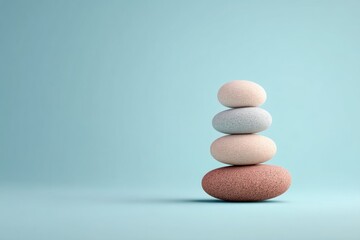 Balanced stack of smooth zen stones on minimalist blue background
