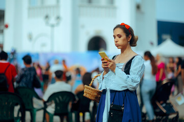 Funny Woman Dressed in Historical Costume Using a Smartphone. Funny reenactor breaking character...