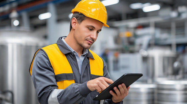 Construction worker in safety helmet uses tablet in industrial setting, showcasing modern technology in workplace