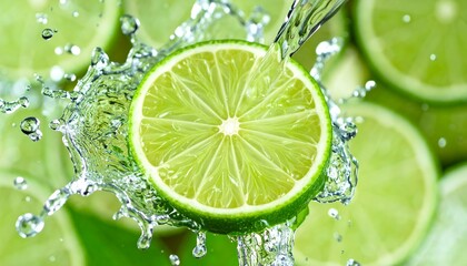 Fresh lime slices with splashing water