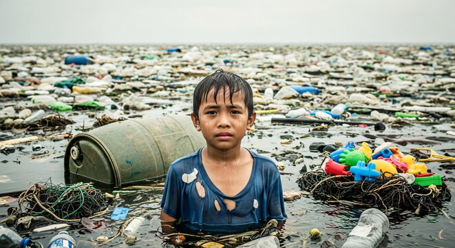 A boy stands in water filled with plastic garbage and debris. Environmental crisis and pollution concept for conservation awareness. - Powered by Adobe