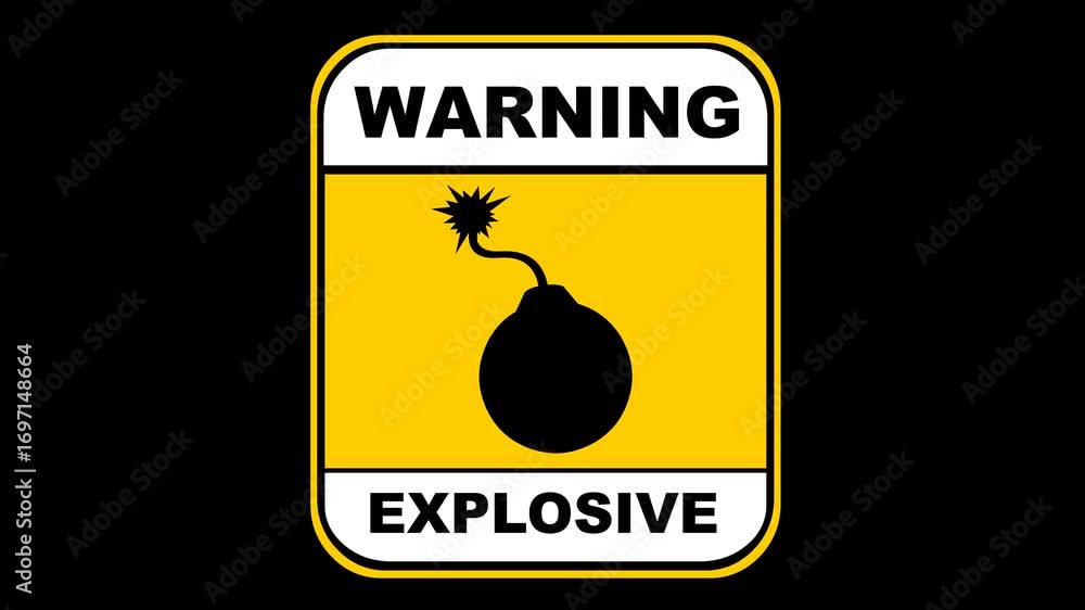 Poster video animation warning explosive signage poster label, on a transparent background with alpha chann