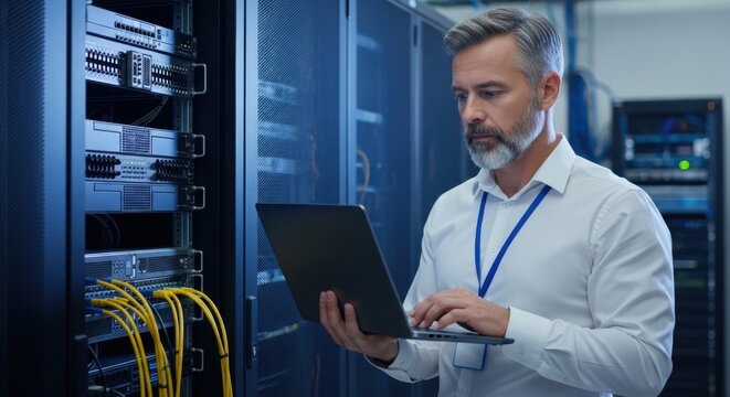 Professional IT technician monitors server racks with laptop in modern data center