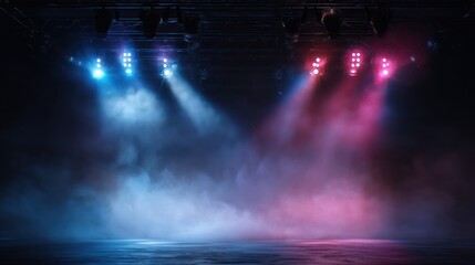 Stage illuminated with vibrant lights and ethereal smoke creating a dramatic atmosphere