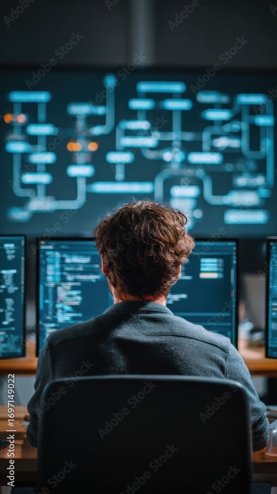 Poster overtheshoulder view of a systems analyst mapping business process flows using specialized software 