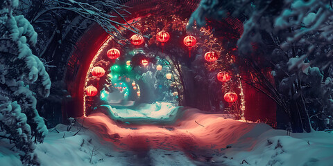 Fototapeta premium Enchanted Snowy Lantern Path