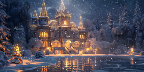 Snowy Castle Reflection on Frozen Lake at Night