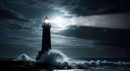 Stormy lighthouse beams light through dark clouds