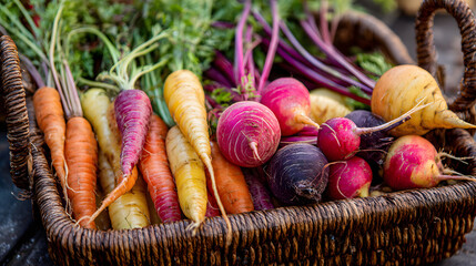 Colorful Variety of Fresh Carrots and Radishes in Basket