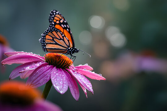 Stunning monarch butterfly rests on vibrant pink conflower with morning dew drps sparkling gently