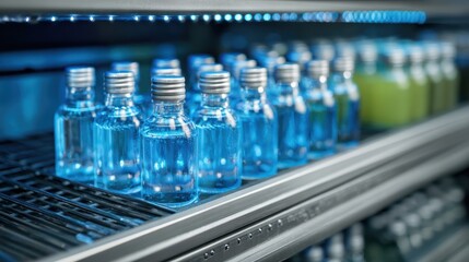 Medium shot of an energysaving beverage chiller using natural refrigerants featuring clear details on chilled bottles while the environment remains tastefully blurred.
