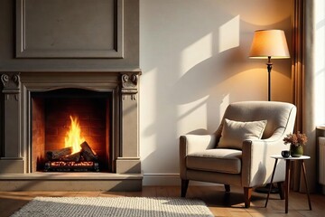 Cozy interior scene featuring a fireplace, plush armchair, and side table with a lamp, creating a warm and inviting atmosphere perfect for relaxation ,  elegance,  lamp