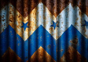 Rusted corrugated metal with bold blue arrows and strs pattern, vintage industial grunge texture