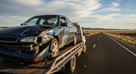 Naklejka premium Blue broken car on tow truck is driving on a highway, roadside assistance service. Vehicle accident and towing concept, footage.