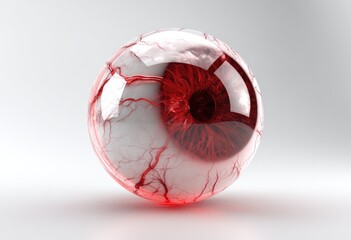 Red eye in a transparent sphere, against a white background