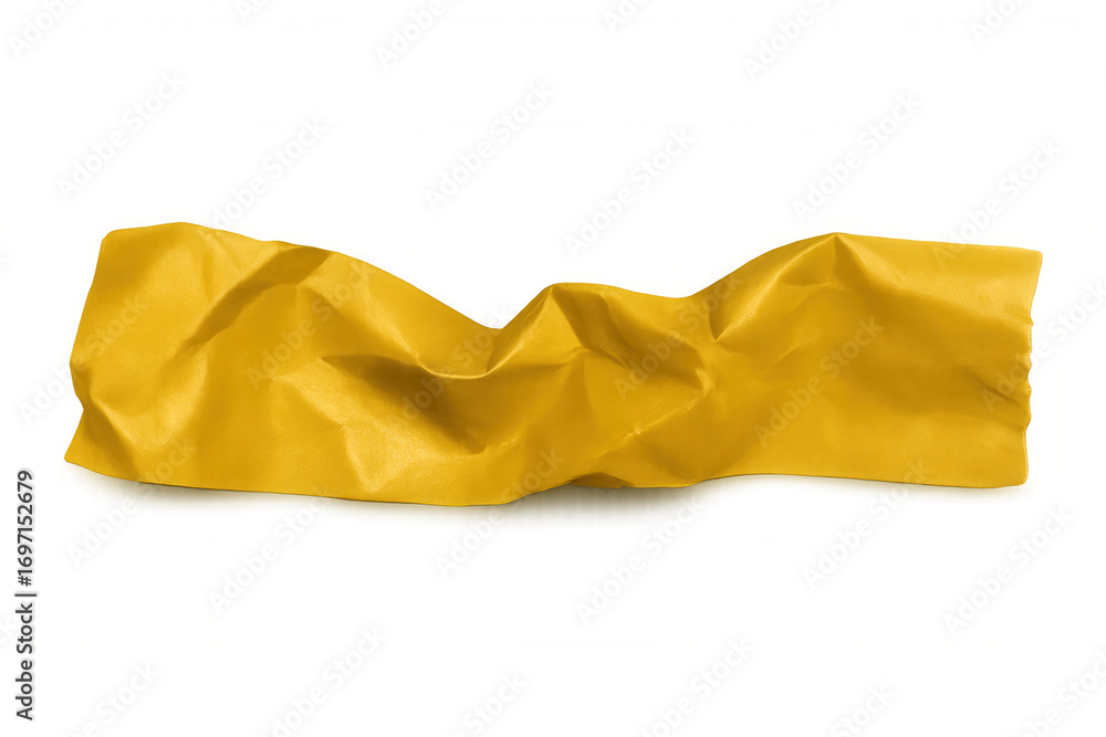 Poster crumpled piece of yellow adhesive tape isolated on transparent background, creating a textured and v