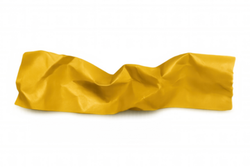 Crumpled piece of yellow adhesive tape isolated on transparent background, creating a textured and vibrant visual element