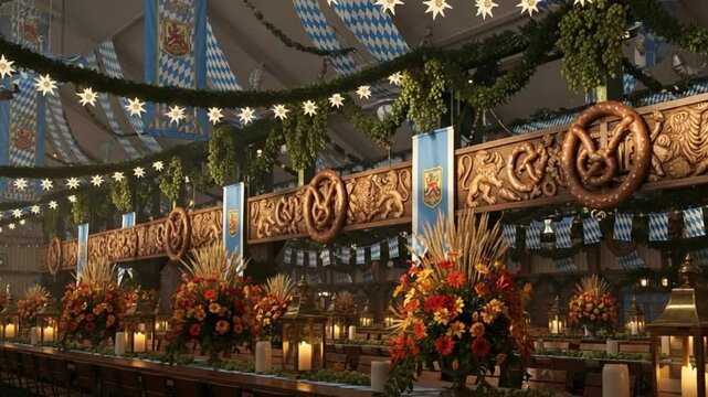 Grand Interior View of a Decorated Festival Tent Featuring Bavarian Banners, Illuminated Garlands, Ornate Wooden Carvings, and Festive Table Settings