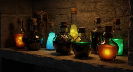 Assorted glass potion bottles glowing on stone shelf background  