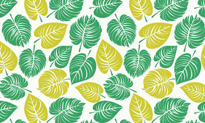 Seamless tropical pattern with hand-drawn Monstera deliciosa leaves, Exotic jungle background in a modern block print style, Vector botanical illustration with green and yellow philodendron plants