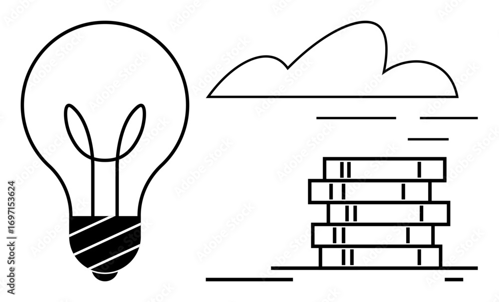 Poster lightbulb signifying ideas, cloud indicating online storage, and stacked lines reflecting database. 