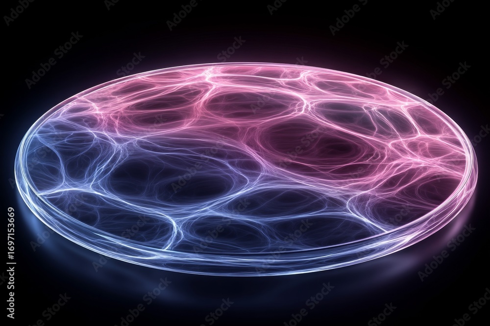 Poster glowing neon abstract pattern in circular shape on black background