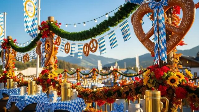 Outdoor Oktoberfest decorations with pretzels and beer