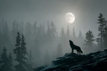 Wolf howling at full moon in misty forest