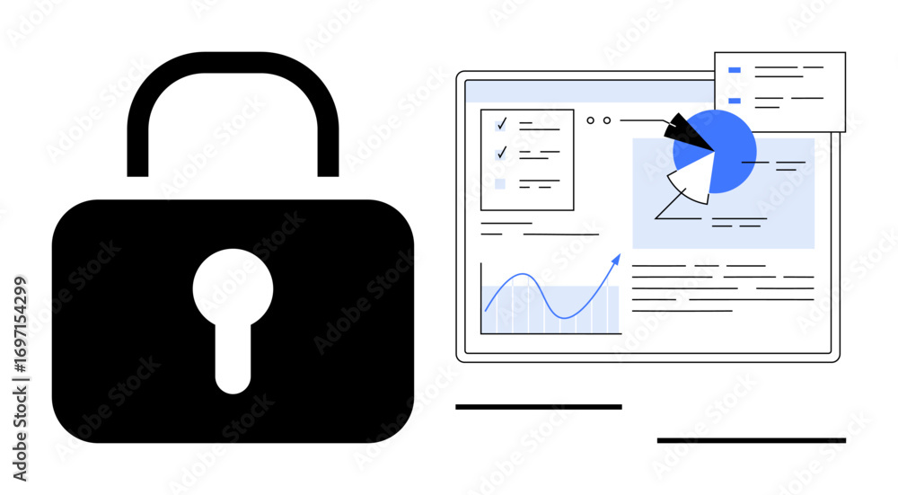 Poster padlock symbolizing security next to a dashboard featuring charts, graphs, and analytics. ideal for 
