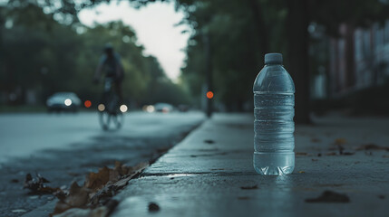 Plastic Water Bottle on Sidewalk in Urban Setting