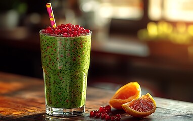 Fresh Green Smoothie with Pomegranate  Orange Slices on a Wooden Table  Healthy Drink.