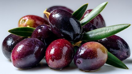 Fresh Harvest Pile of Ripe Black Olives  Green Leaves with Closeup, and White Background.
