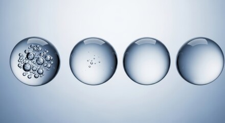 Four glass spheres arranged in a row, showing a progression of bubbles within the liquid