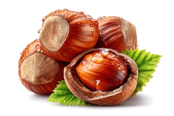 Fresh Hazelnut Pile with Dew Drops and Green Leaf with Isolated on White Background.