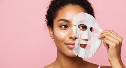 A woman applies a sheet mask to her face, revealing glowing skin underneath