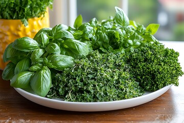 Fresh Herbs Basil with Thyme, Parsley, and on a White Plate for Culinary Delights.