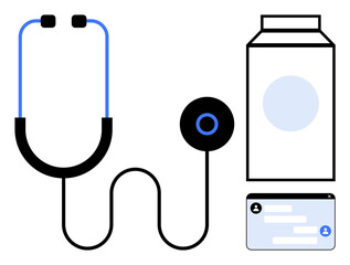 Stethoscope alongside a medicine bottle and a digital chatbox. Ideal for telemedicine, health monitoring, medical care, remote consultation, pharmacy services, healthcare tech, simple landing page