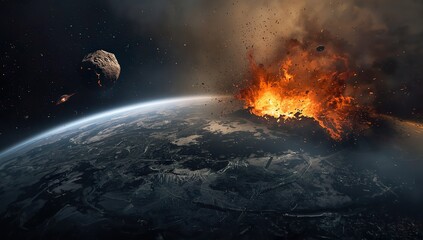 Asteroid Impact on Earth with Fiery Explosion
