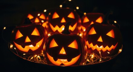 A collection of carved halloween pumpkins with glowing faces illuminated by string lights