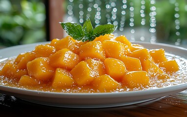 Fresh Mango Delight Cubed Mangoes in Syrup with Garnished, CloseUp, and Tropical Treats.