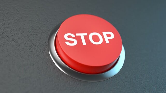 3D render of a round, red stop button icon with a push symbol for a web technology sign