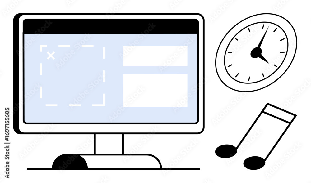 Poster computer screen with active interface, clock showing time, and musical notes. ideal for time managem