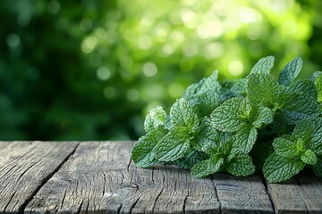 Fresh Mint Leaves on Rustic Wood Table Against Lush Green Bokeh Background.