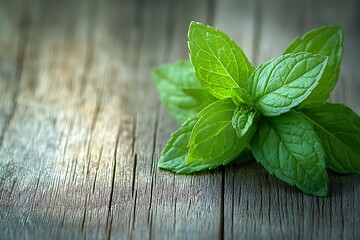 Fresh mint leaves on rustic wooden surface with herb, food background, and closeup.