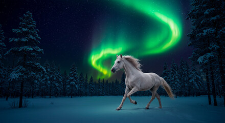Fototapeta premium A majestic white horse running through a snowy forest under the breathtaking green Northern Lights, a magical winter landscape