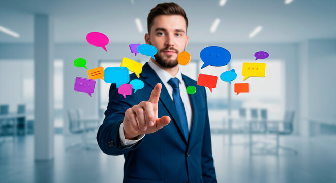 A businessman in colorful speech bubbles floating - Powered by Adobe