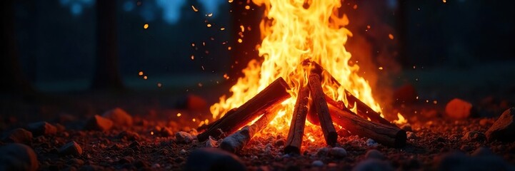 Close-up shot of a roaring bonfire, embers glowing intensely, flames dancing wildly against the night sky Perfect for concepts of warmth, energy, destruction, and renewal , dark, outdoor, logs