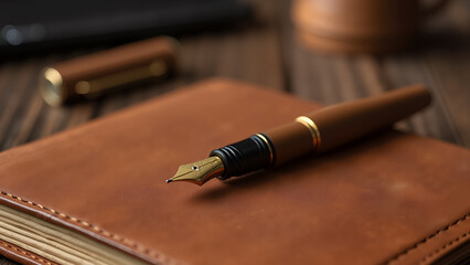 a brown leather journal with a gold nib fountain pen resting on its open pages. Classic writing tools evoke creativity, journaling, and thoughtful reflection. Ideal for writers, artists,