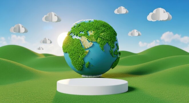 A vibrant, green earth sits on a white pedestal amidst rolling green hills and fluffy clouds