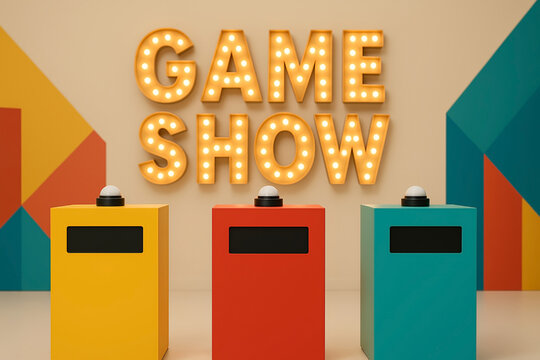 Modern game show setup with illuminated signage and three contestant podiums in colorful studio scene